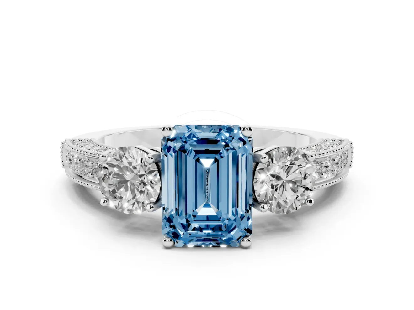 Emerald Cut Three Stone Engagement Ring Setting for a Fancy Blue Lab-Grown Diamond | Graduated Pave Band | Platinum