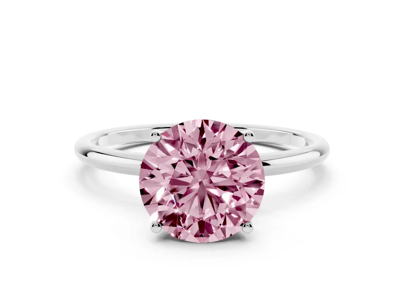 Fancy Pink Round Cut Diamond Solitaire Engagement Ring Set in White gold with Thin Band and Prong Setting