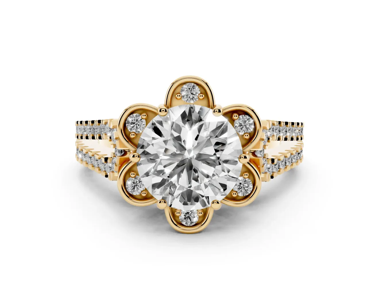 Round Petal Frame Floral Halo Engagement Ring Setting | Pavé Split Shank | Yellow Gold