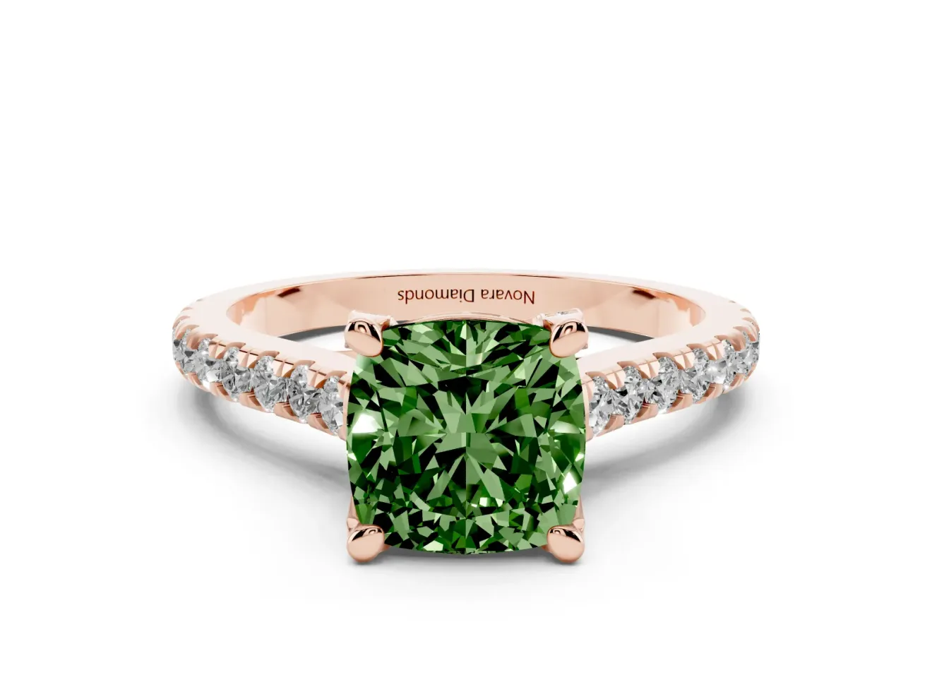 Cushion Cut Hidden Halo Pave Engagement Ring Setting for a Fancy Green Lab-Grown Diamond | Claw Prongs | Rose Gold