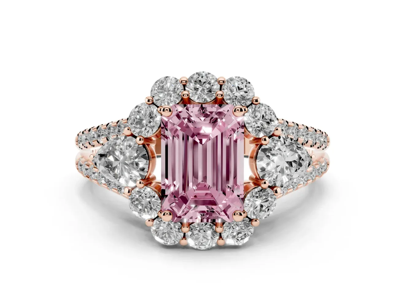 Emerald Cut Scalloped Halo Engagement Ring Setting for a Fancy Pink Lab-Grown Diamond | Pear Side Stones | Rose Gold