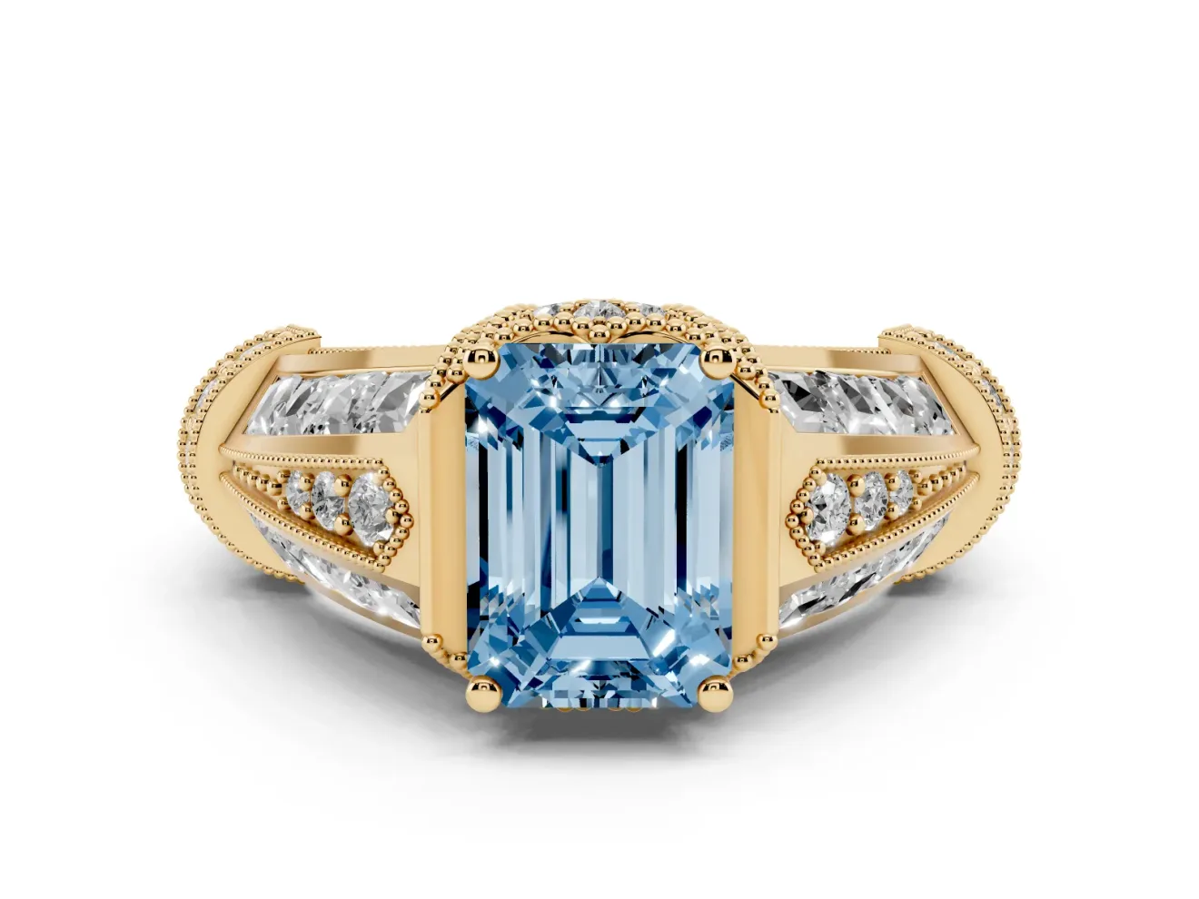 Emerald Cut Vintage Milgrain Engagement Ring Setting for a Fancy Blue Lab-Grown Diamond | Hidden Halo | Yellow Gold
