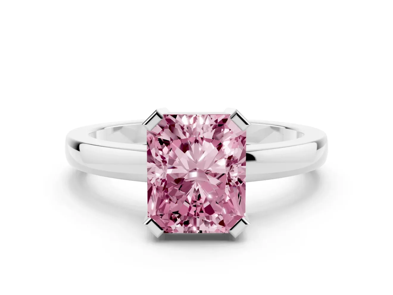 Fancy Pink Radiant Cut Diamond Solitaire Ring Set in Platinum with Prong Head and Smooth Polished Band