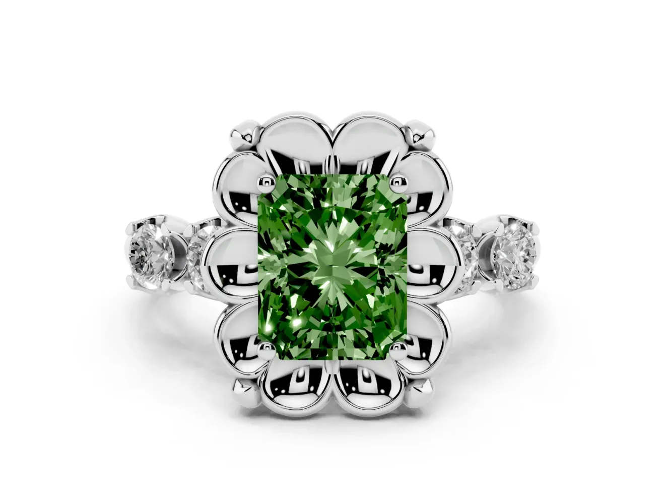 Fancy Green Radiant Cut Diamond Floral Halo Ring Set in Platinum with Shared Prong Band