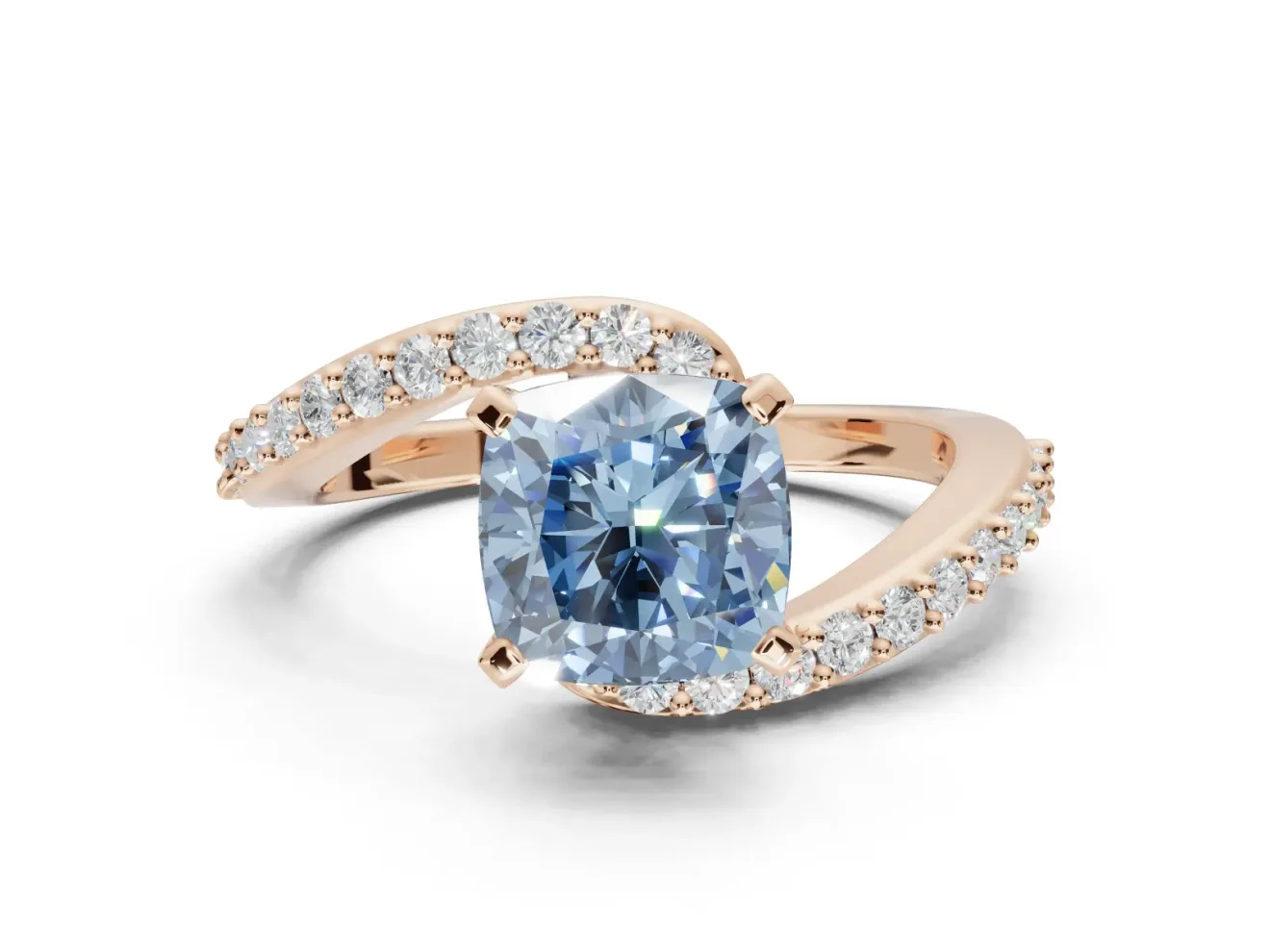 Cushion Cut Bypass Pavé Engagement Ring Setting for a Fancy Blue Lab-Grown Diamond | Rose Gold