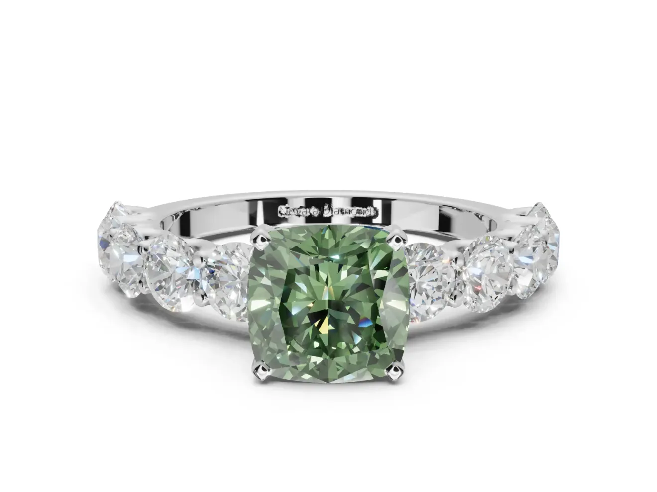 Cushion Cut Side Stone Engagement Ring Setting for a Fancy Green Lab-Grown Diamond | Scalloped Prong Accents | Platinum