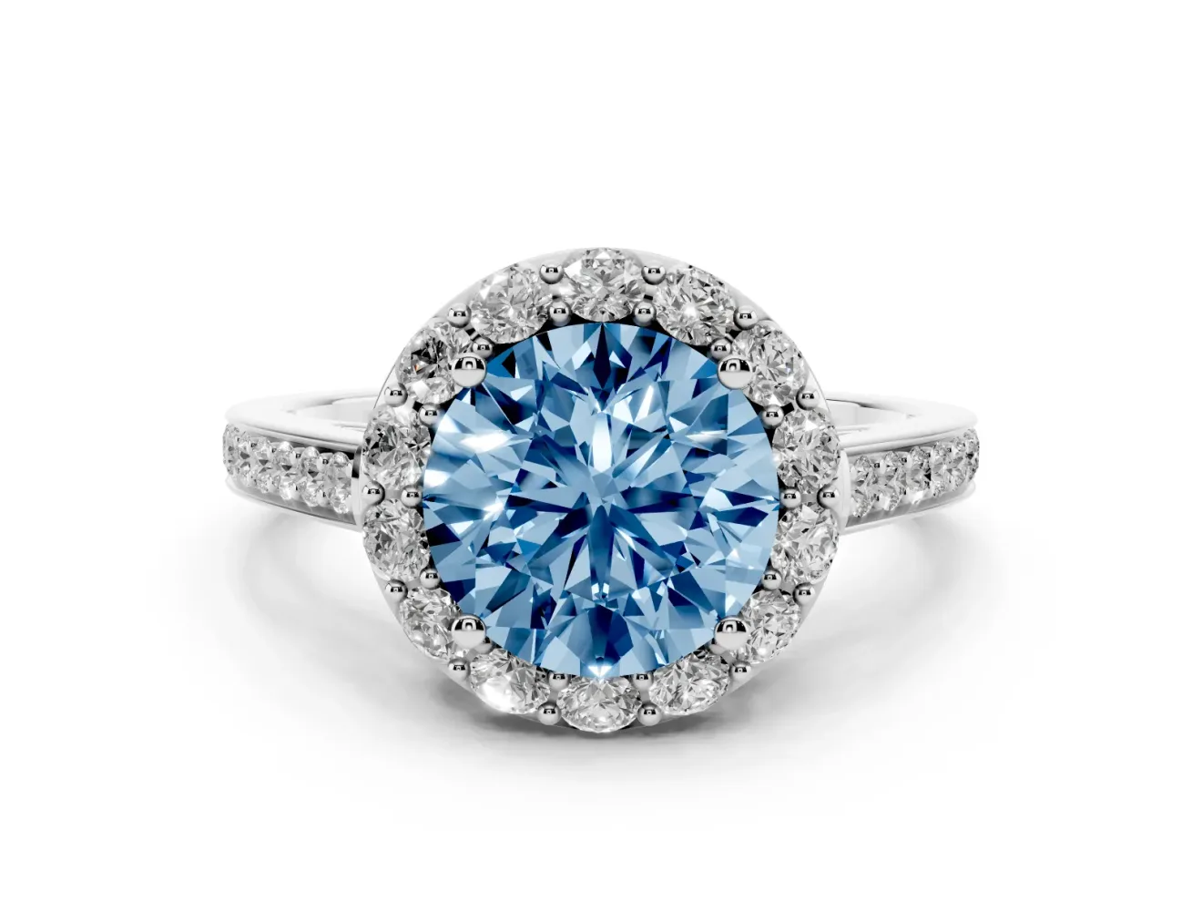 Fancy Blue Round Cut Diamond Floral Halo Ring Set in Silver with Pavé Band and Prong Setting