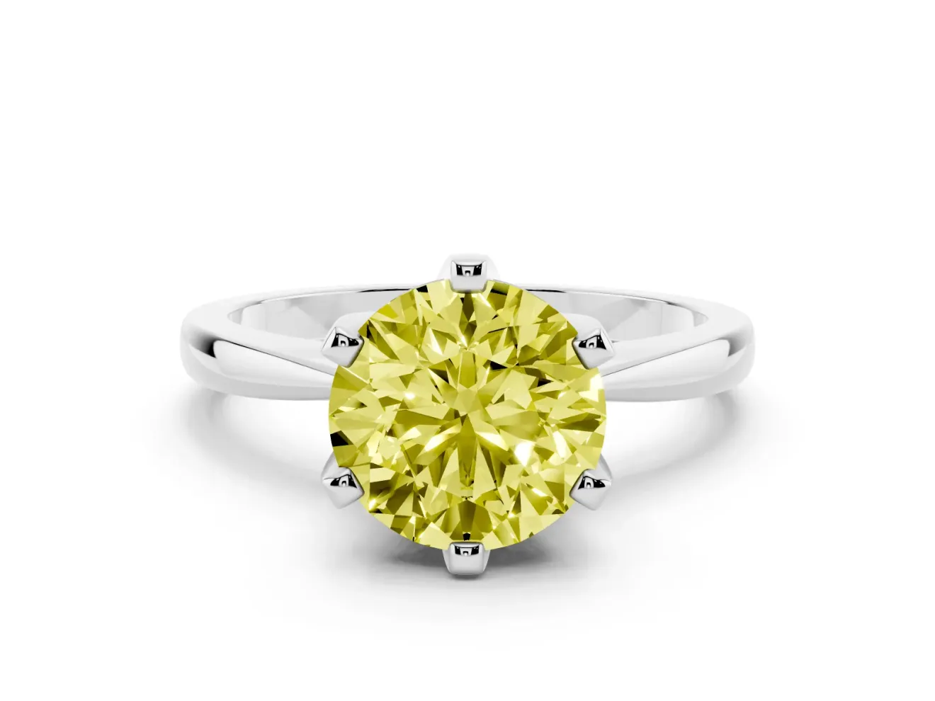 Fancy Yellow Round Cut Diamond Solitaire Engagement Ring Set in Platinum with Slim Tapered Solitaire Band