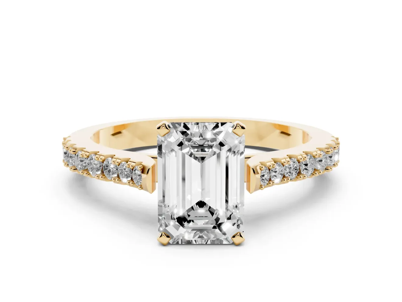 Emerald Cut Diamond Solitaire Engagement Ring Set in Yellow gold with Delicate Pavé Band and Prong Setting