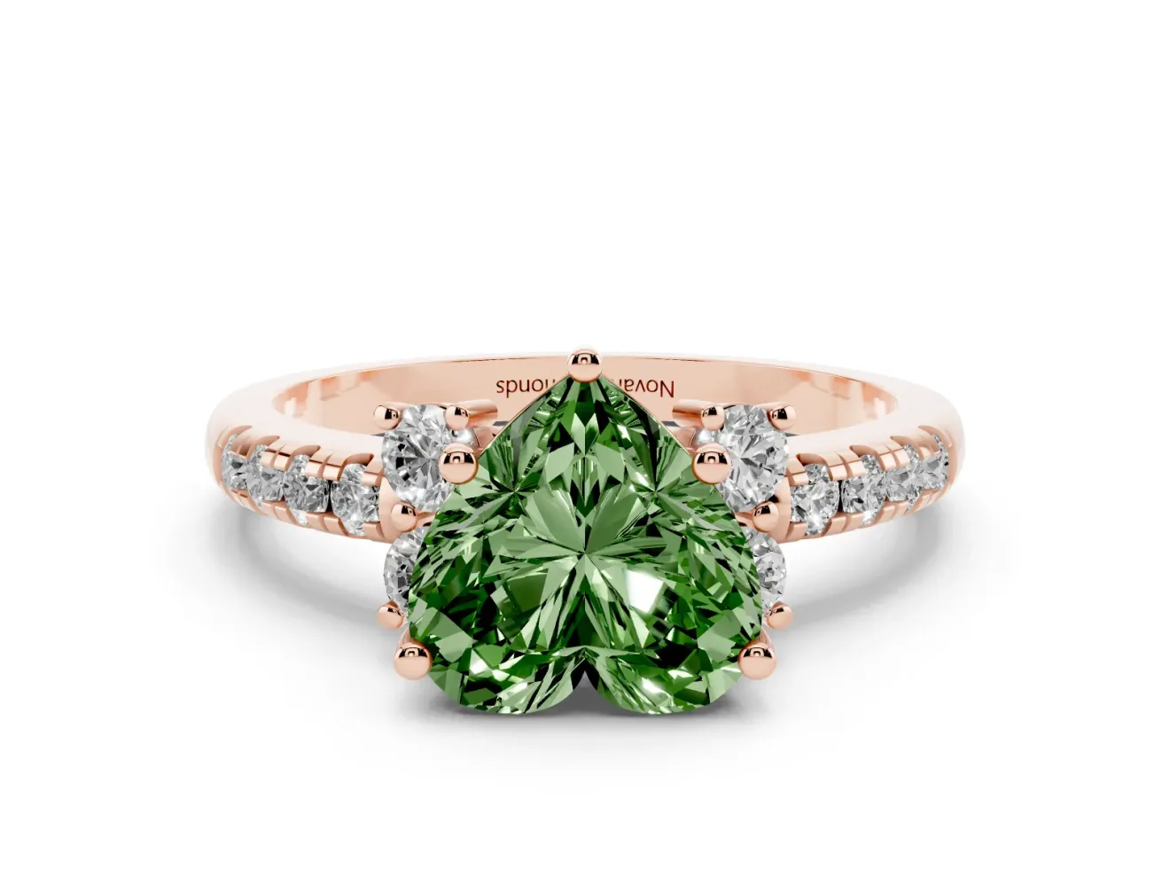 Heart-Shaped Side Stone Engagement Ring Setting for a Fancy Green Lab-Grown Diamond | Pave Band | Rose Gold
