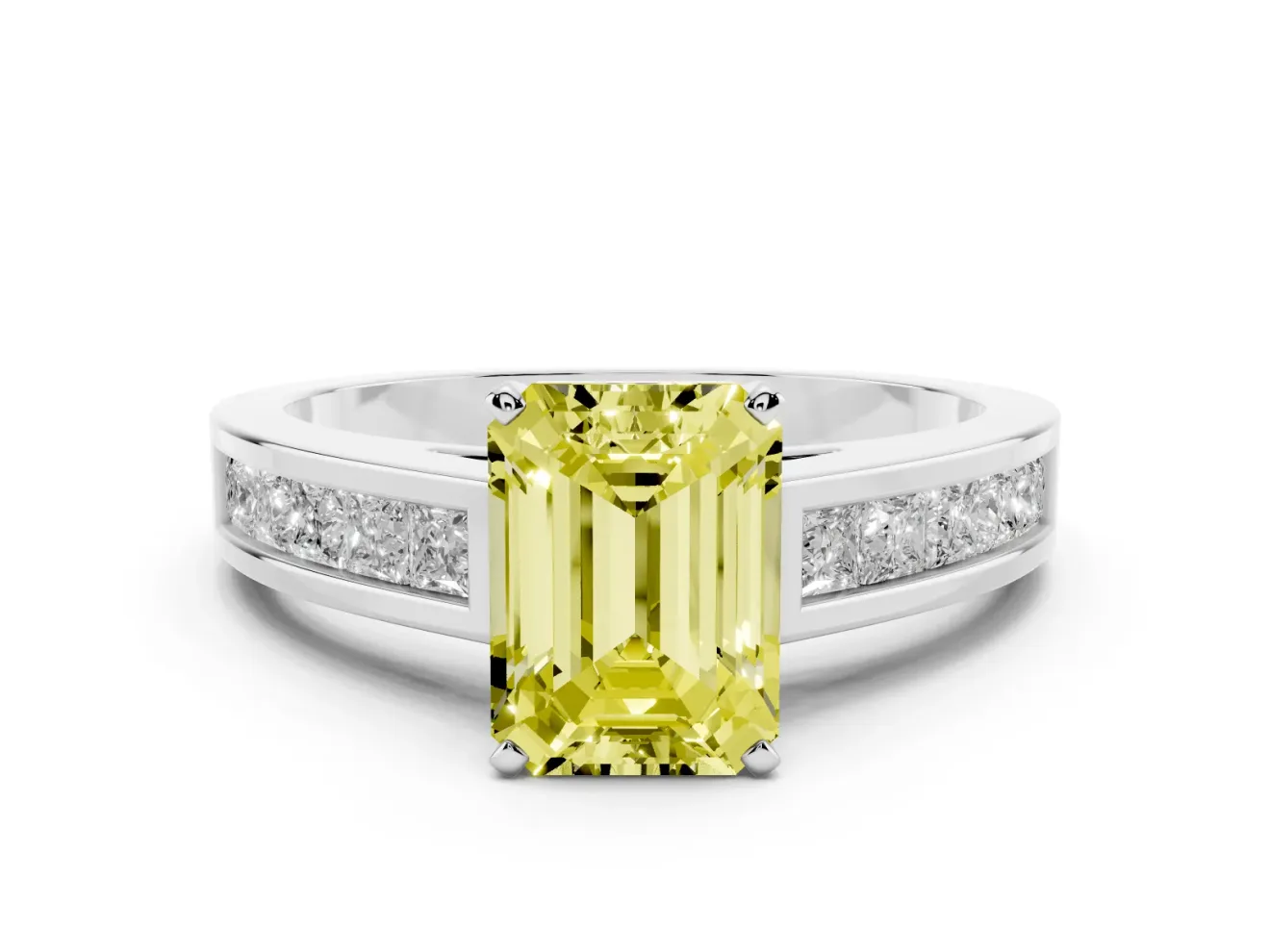 Fancy Yellow Emerald Cut Diamond Solitaire Ring Set in White gold with Channel-Set Band and Prong Setting