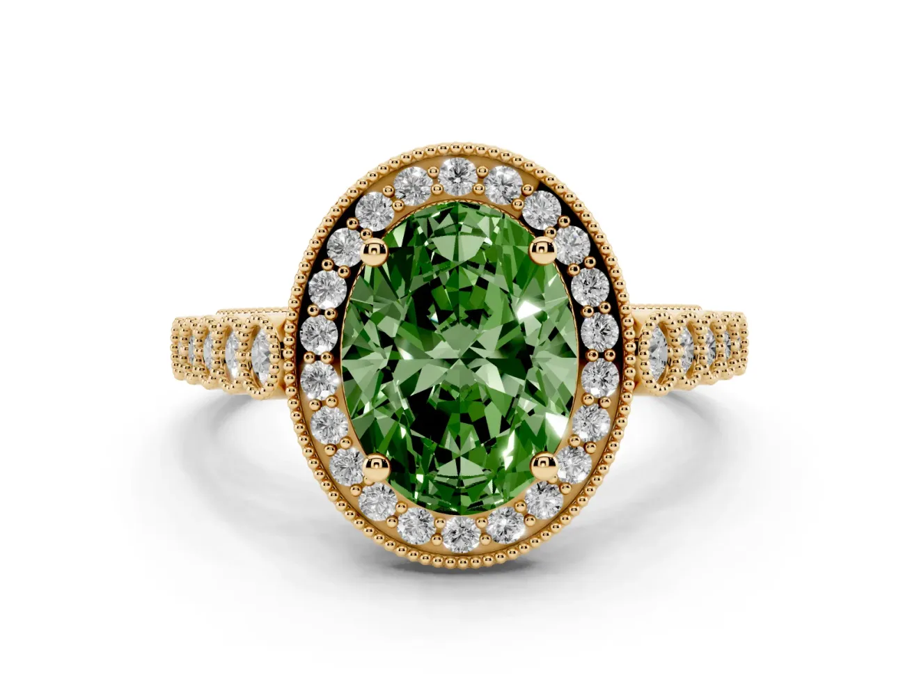 Oval Milgrain Halo Engagement Ring Setting for a Fancy Green Lab-Grown Diamond | Graduated Bezel Accents | Yellow Gold