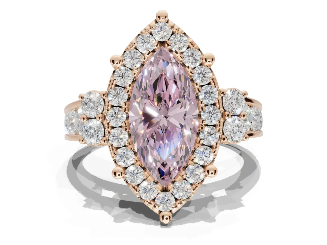 Marquise Halo Engagement Ring Setting for a Fancy Pink Lab-Grown Diamond | Side Clusters | Rose Gold