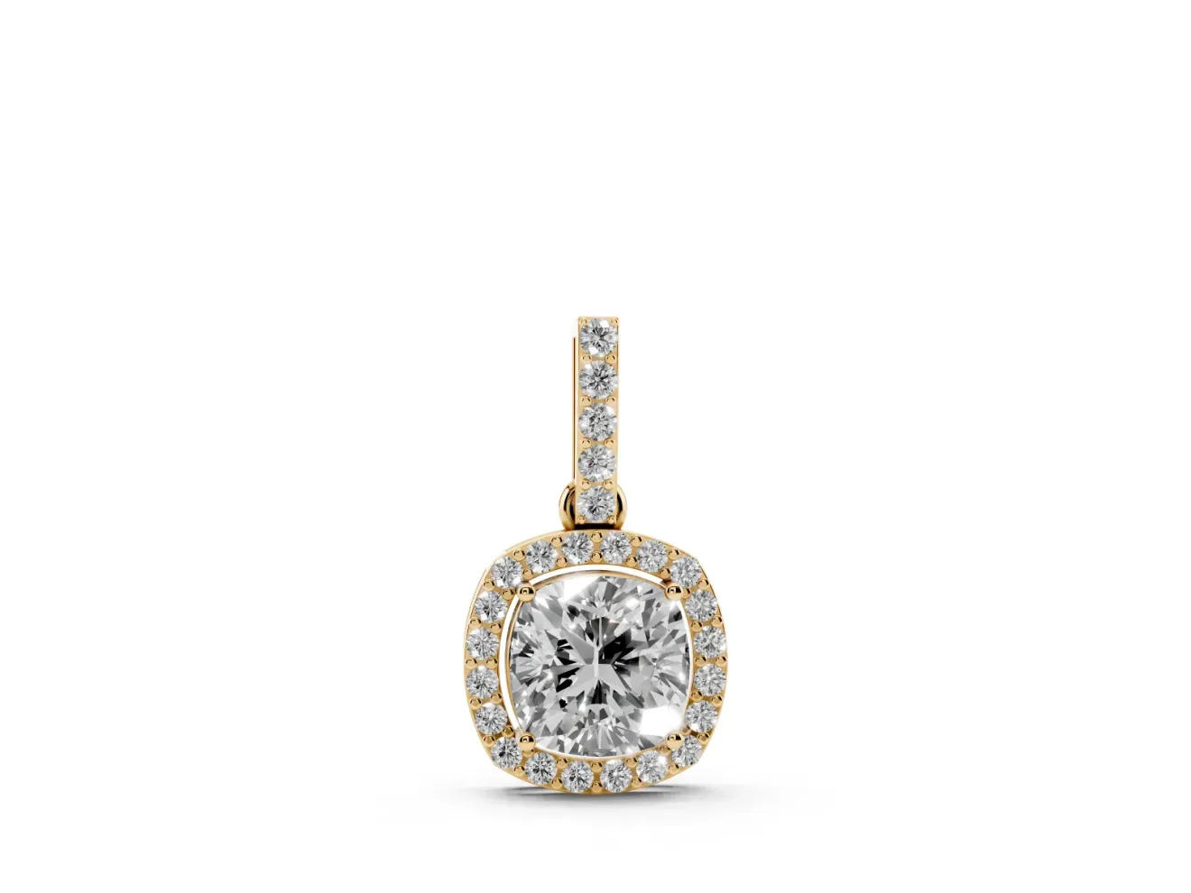 Cushion Cut Lab-Grown Diamond Halo Pendant Necklace | Pavé Bail | Yellow Gold