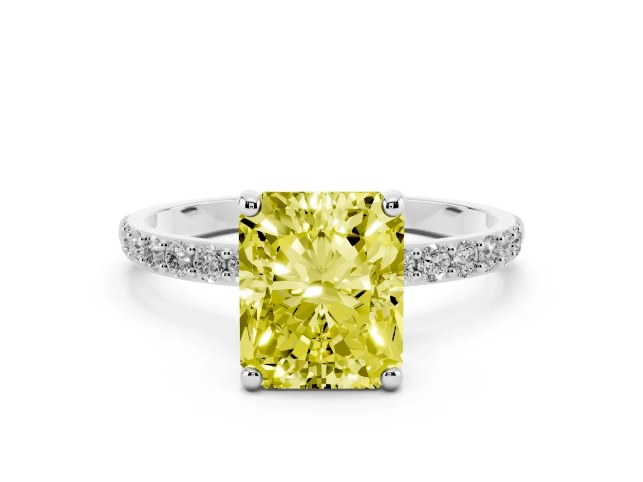 Fancy Yellow Radiant Cut Diamond Solitaire Ring Set in Platinum with Round Pavé Band and Prong Setting