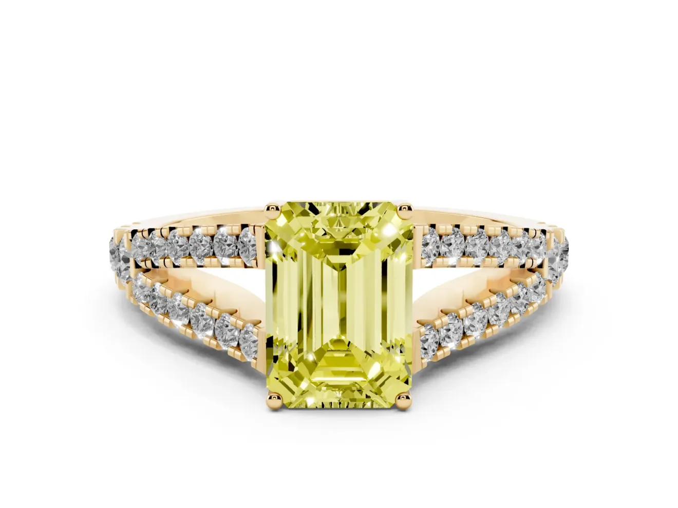Emerald Cut Graduated Split Shank Engagement Ring Setting for a Fancy Yellow Lab-Grown Diamond | Yellow Gold