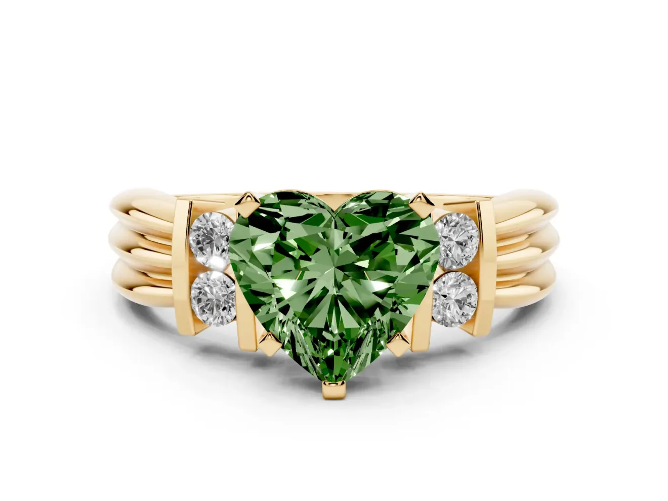 Fancy Green Three-Stone Heart Cut Diamond Channel Set Ring Set in Yellow gold with Bar Prongs