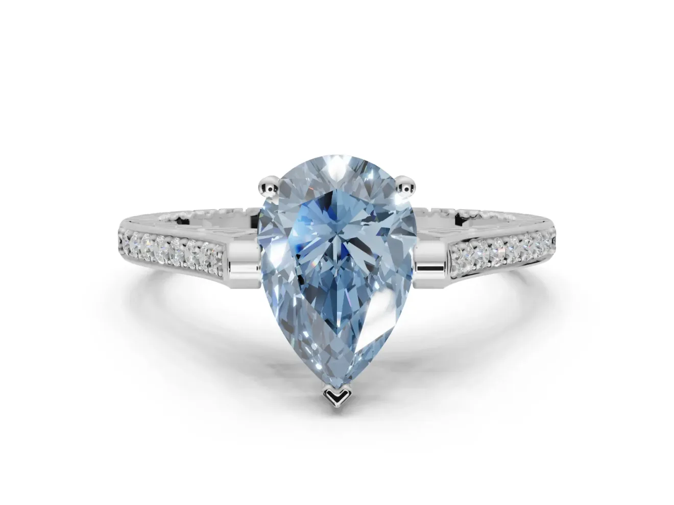 Pear-Shaped Vintage Cathedral Engagement Ring Setting for a Fancy Blue Lab-Grown Diamond | Carved Band | White Gold