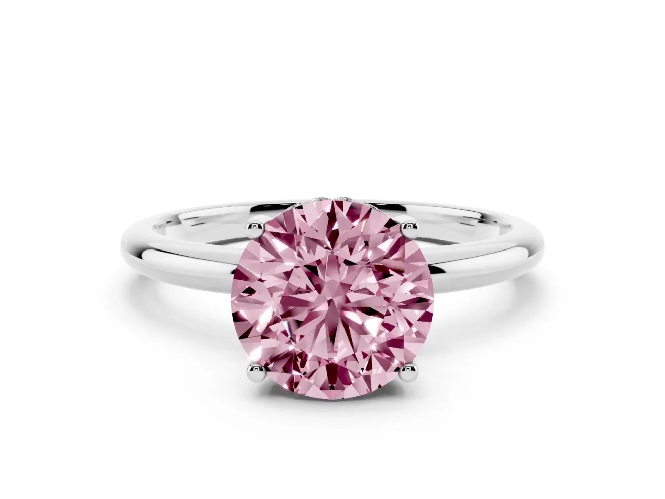 Fancy Pink Round Cut Diamond Solitaire Engagement Ring Set in White gold with Prong Setting and Polished Band