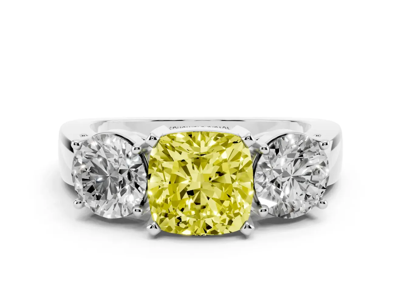 Cushion Cut Three Stone Engagement Ring Setting for a Fancy Yellow Lab-Grown Diamond | Wide Plain Band | Platinum
