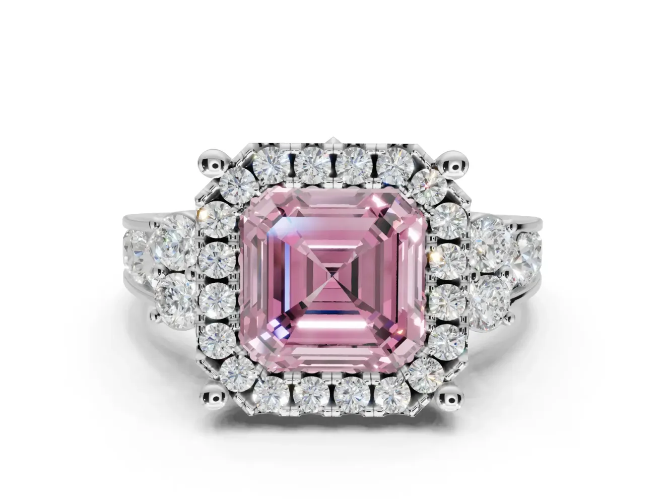 Asscher Cut Halo Engagement Ring Setting for a Fancy Pink Lab-Grown Diamond | Graduated Channel Band | Platinum