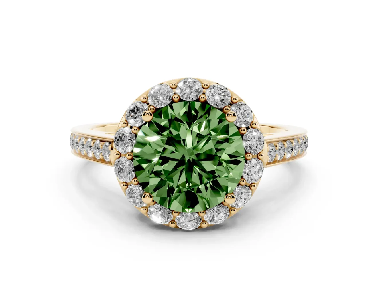Round Floral Halo Engagement Ring Setting for a Fancy Green Lab-Grown Diamond | Large Round Accents | Yellow Gold