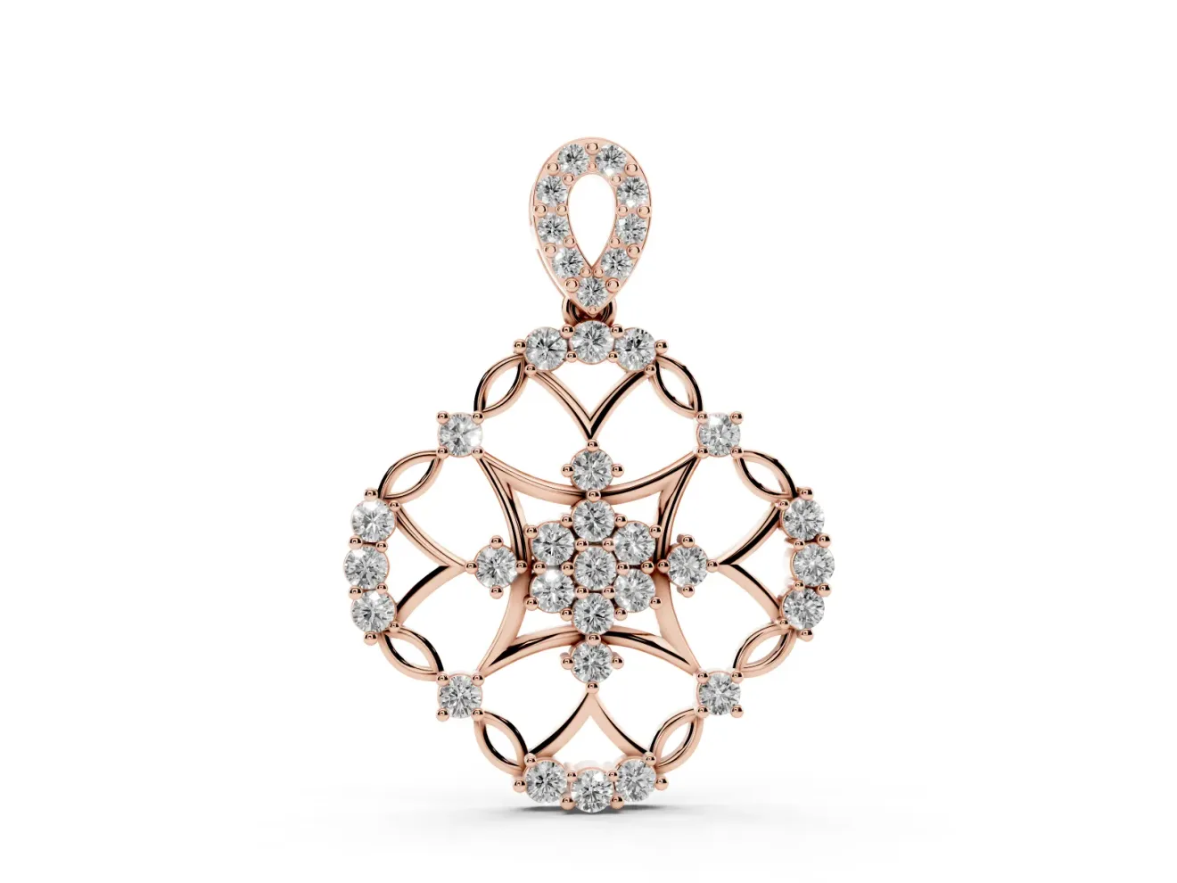 Round Lab-Grown Diamond Openwork Cluster Pendant Necklace | Quatrefoil Frame | Rose Gold