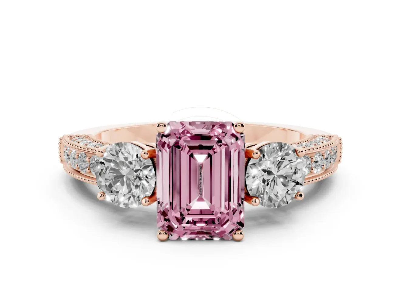 Fancy Pink Emerald Cut Diamond Three-Stone Ring Set in Rose gold with Round Side Stones and Pavé Band