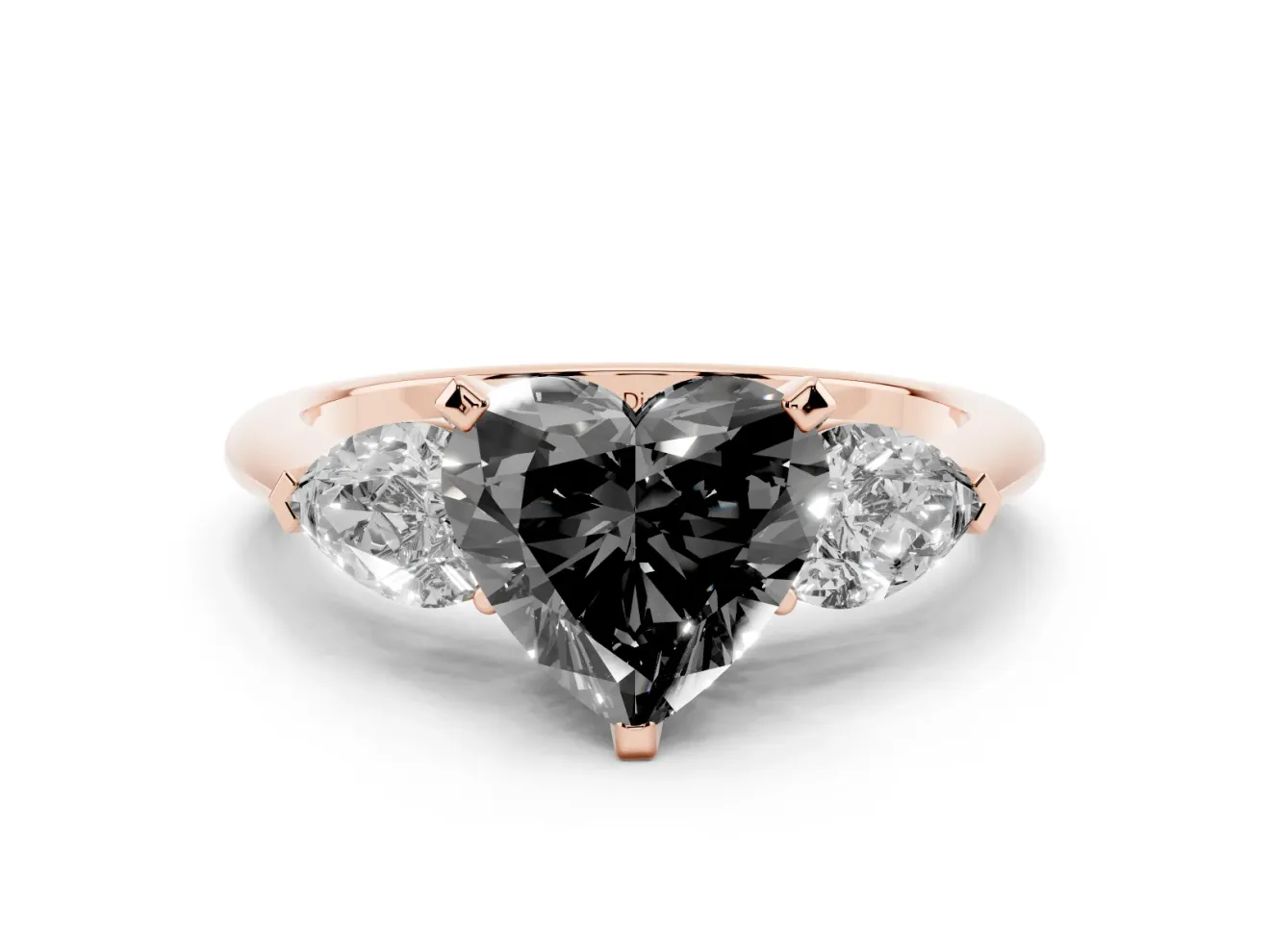 Fancy Black Three-Stone Heart Cut Diamond Ring Set in Rose gold with Pear Side Stones and Prong Setting