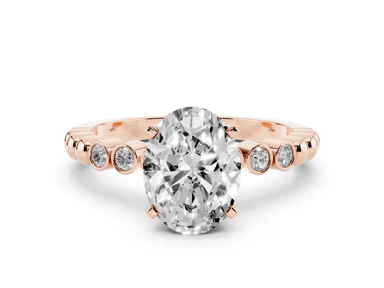 Oval Cut Diamond Solitaire Engagement Ring Set in Rose gold with Bezel Accents on Beaded Band