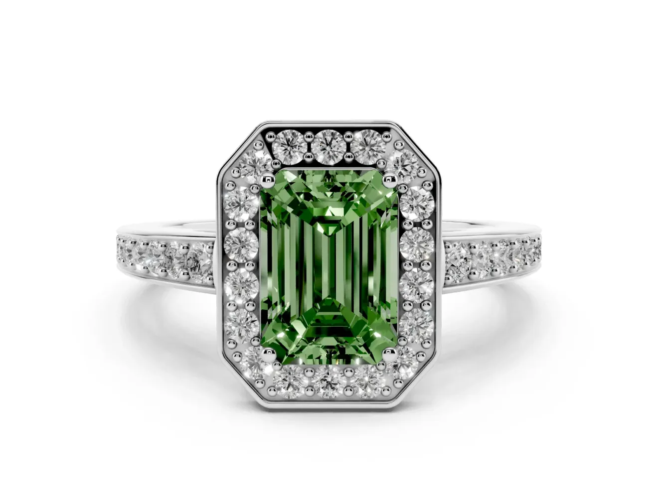 Fancy Green Emerald Cut Diamond Halo Pavé Engagement Ring Set in Silver with Bezel Setting