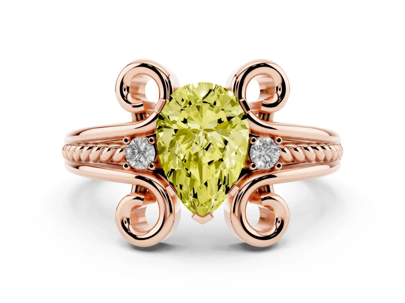 Fancy Yellow Pear Cut Diamond Twisted Band Solitaire Ring Set in Rose gold with Scroll Prongs