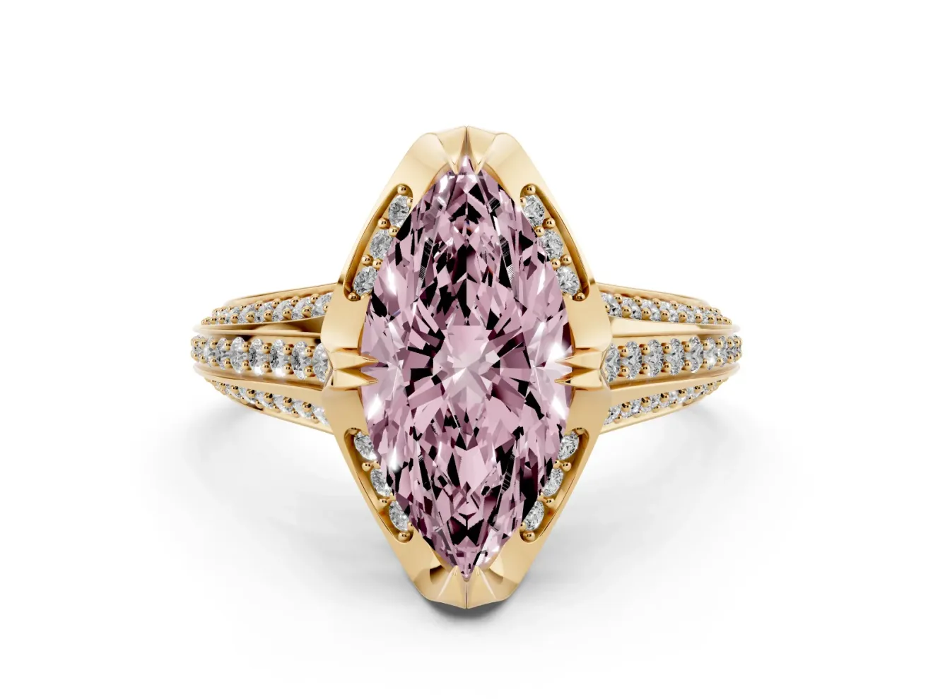 Marquise Hidden Halo Engagement Ring Setting for a Fancy Pink Lab-Grown Diamond | Triple Row Pavé Band | Yellow Gold