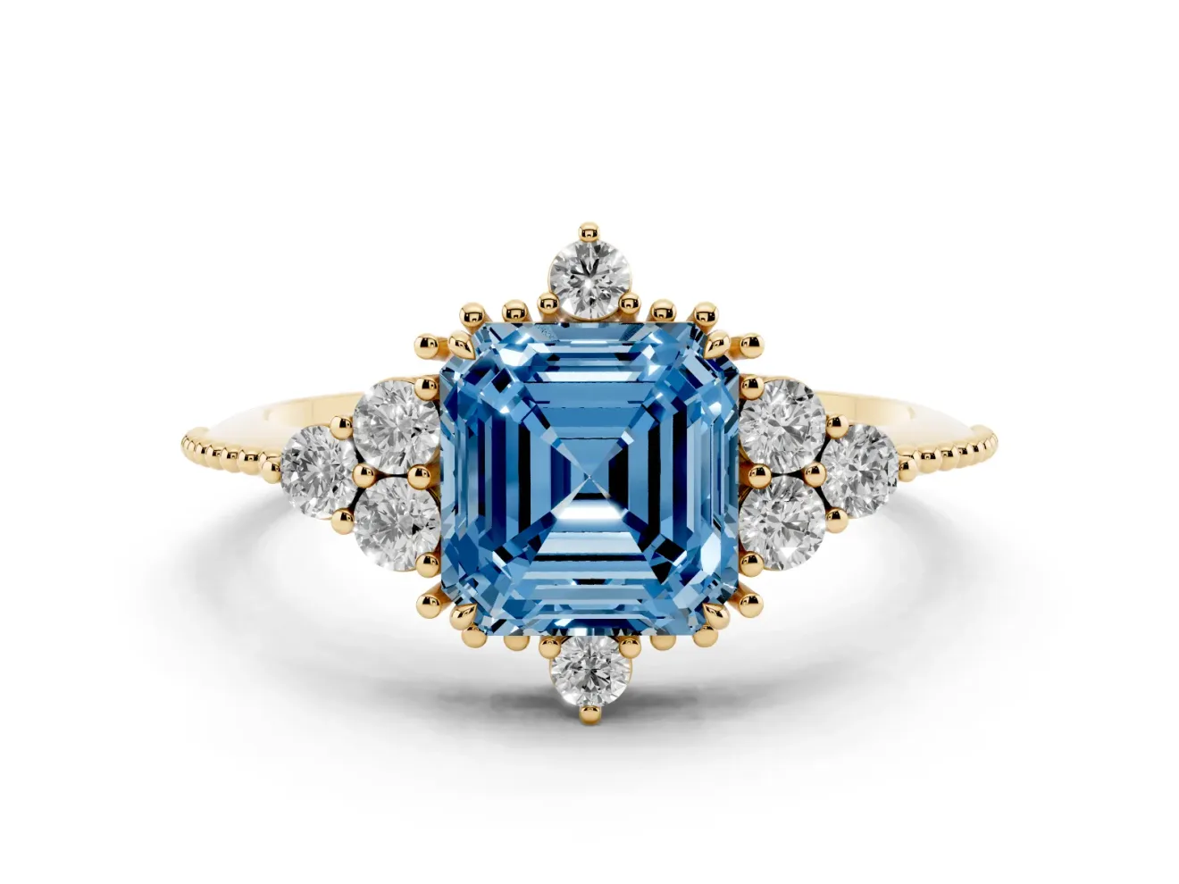 Asscher Cut Cluster Engagement Ring Setting for a Fancy Blue Lab-Grown Diamond | Yellow Gold