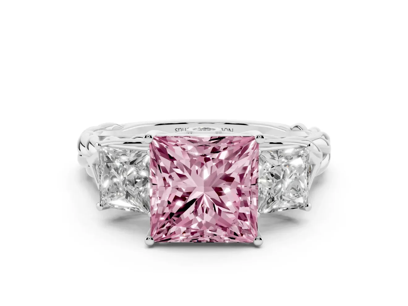 Fancy Pink Princess Cut Diamond Three-Stone Ring Set in Platinum with Braided Band