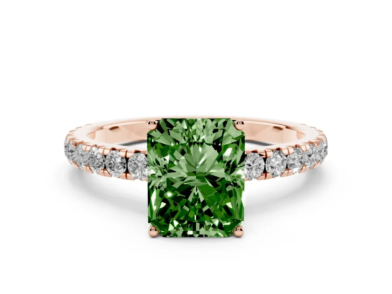 Radiant Cut Pave Solitaire Engagement Ring Setting for a Fancy Green Lab-Grown Diamond | Shared Prong Band | Rose Gold