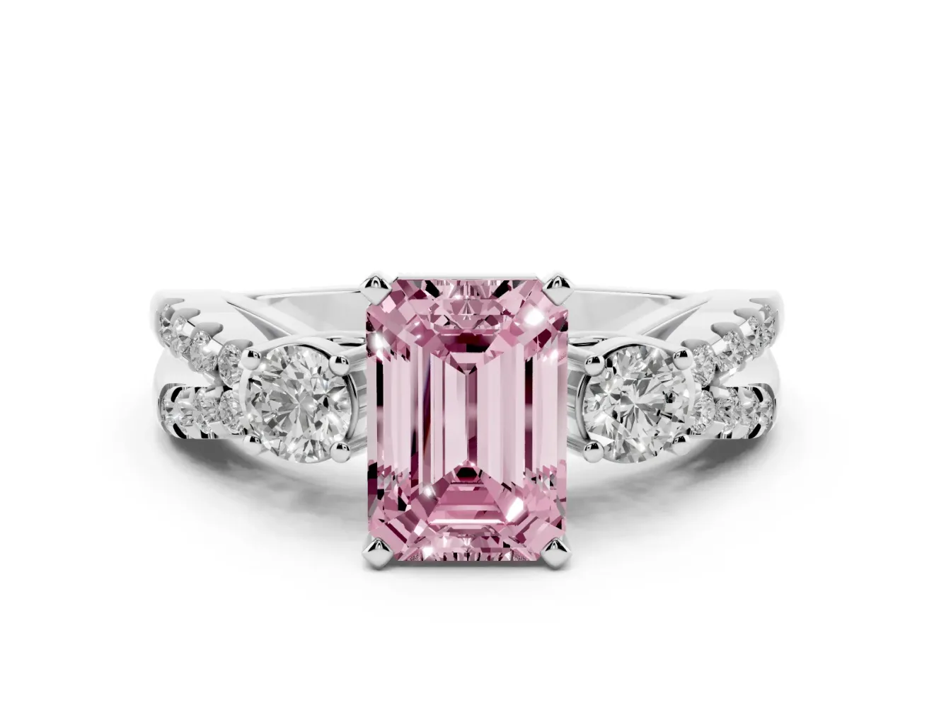 Fancy Pink Emerald Cut Diamond Three-Stone Ring Set in Platinum with Pavé Split Shank and Prong Setting