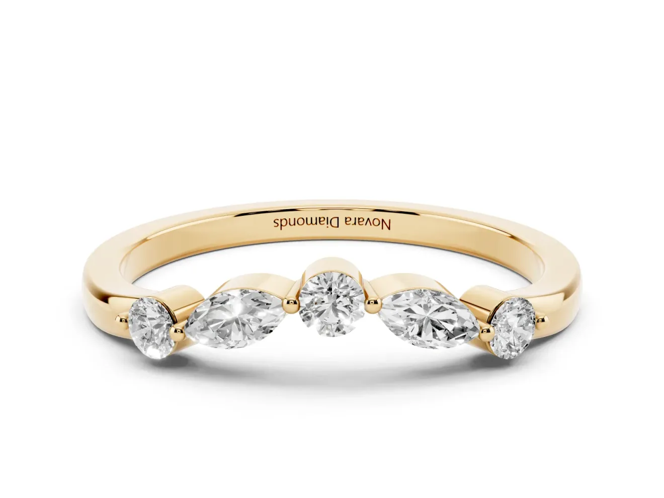 Round and Marquise Diamond Half Eternity Band Set in Yellow gold with Alternating Prong Setting