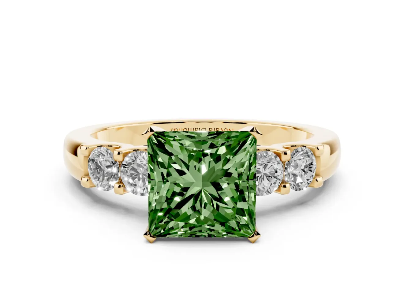 Fancy Green Princess Cut Diamond Five-Stone Prong Set Engagement Ring Set in Yellow gold with Channel Band