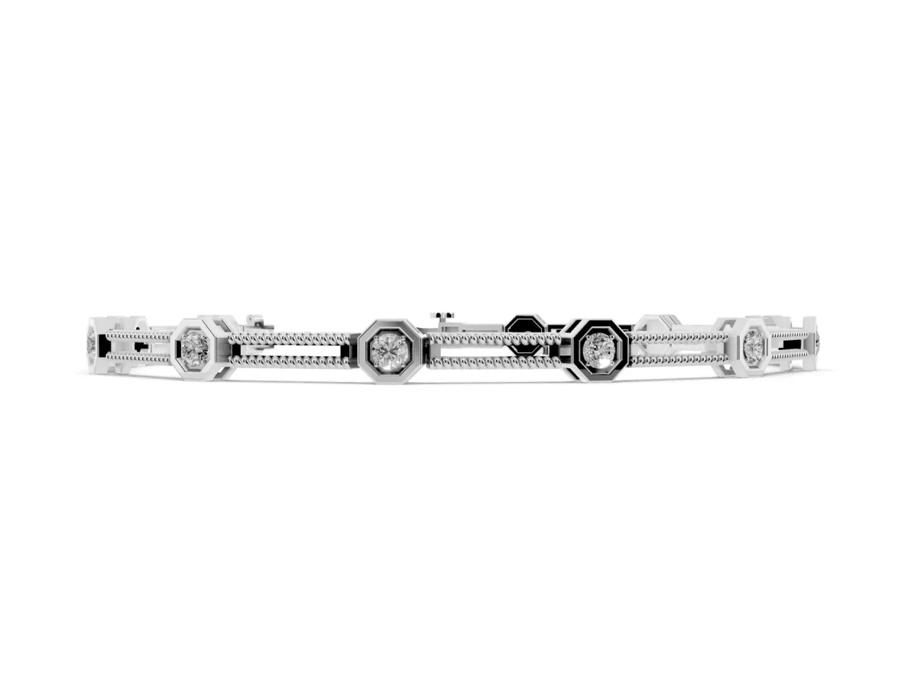 Round Lab-Grown Diamond Octagon Frame Station Bracelet | Double Rope Links | Sterling Silver