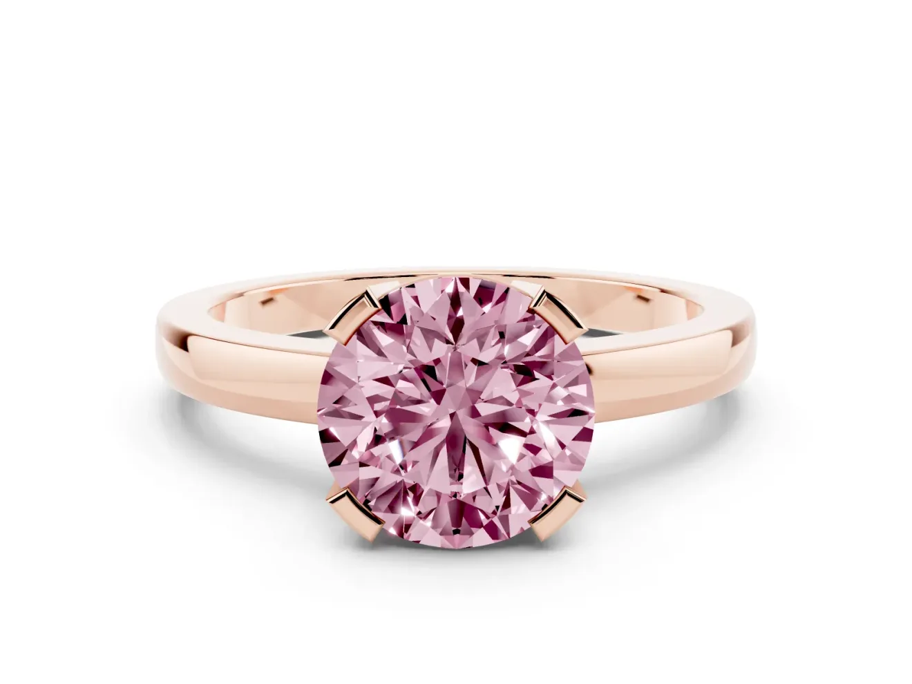 Fancy Pink Round Cut Diamond Solitaire Ring Set in Rose gold with Prong Head and Smooth Polished Band