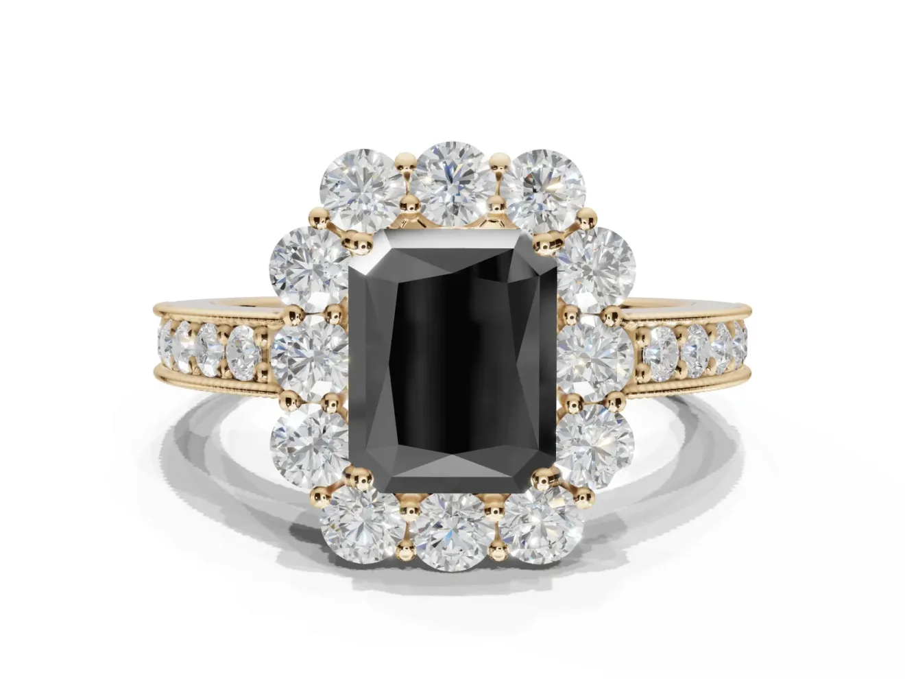 Radiant Cut Vintage Halo Engagement Ring Setting for a Black Center | Yellow Gold