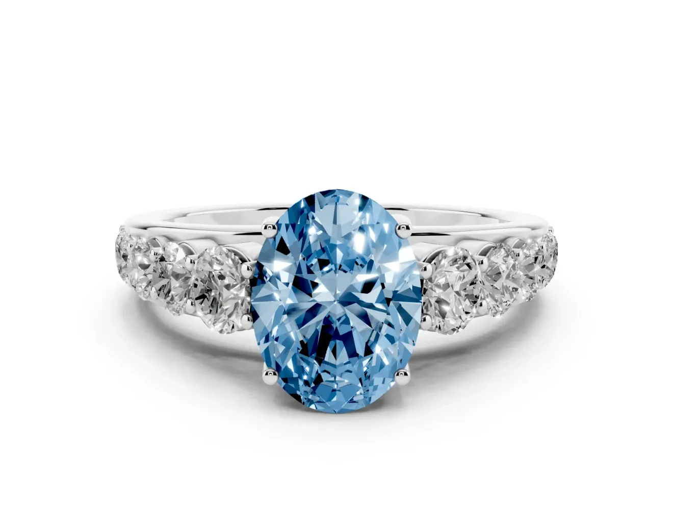 Oval Graduated Side Stone Engagement Ring Setting for a Fancy Blue Lab-Grown Diamond | Flat Top Band | Platinum