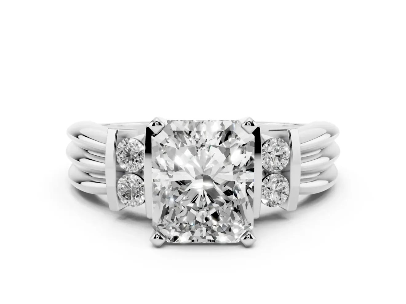 Radiant Cut Bar-Set Accent Engagement Ring Setting | Grooved Band | White Gold
