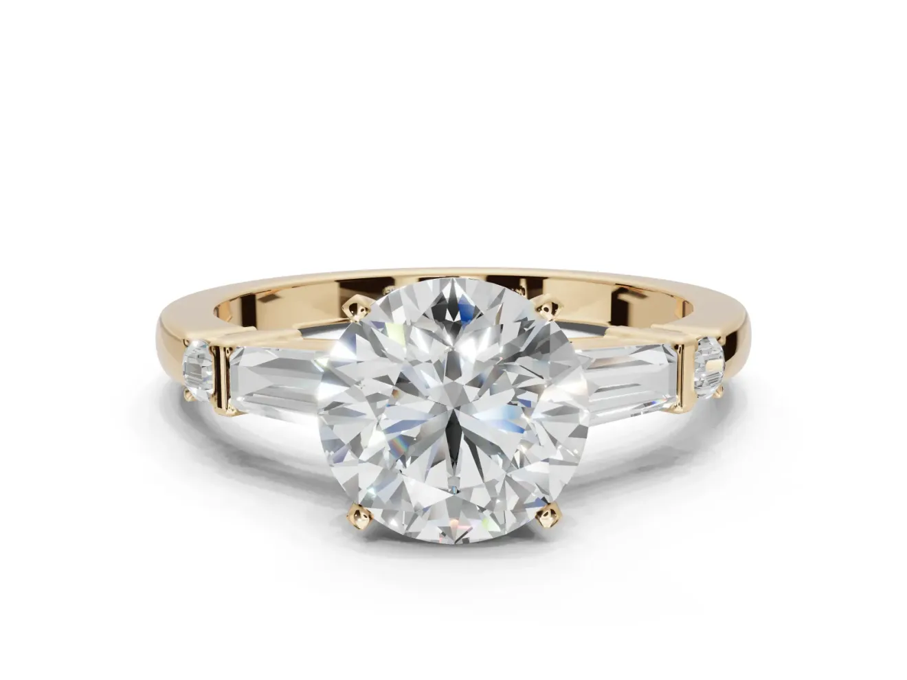 Round Tapered Baguette Engagement Ring Setting | Bar Set Sides | Yellow Gold