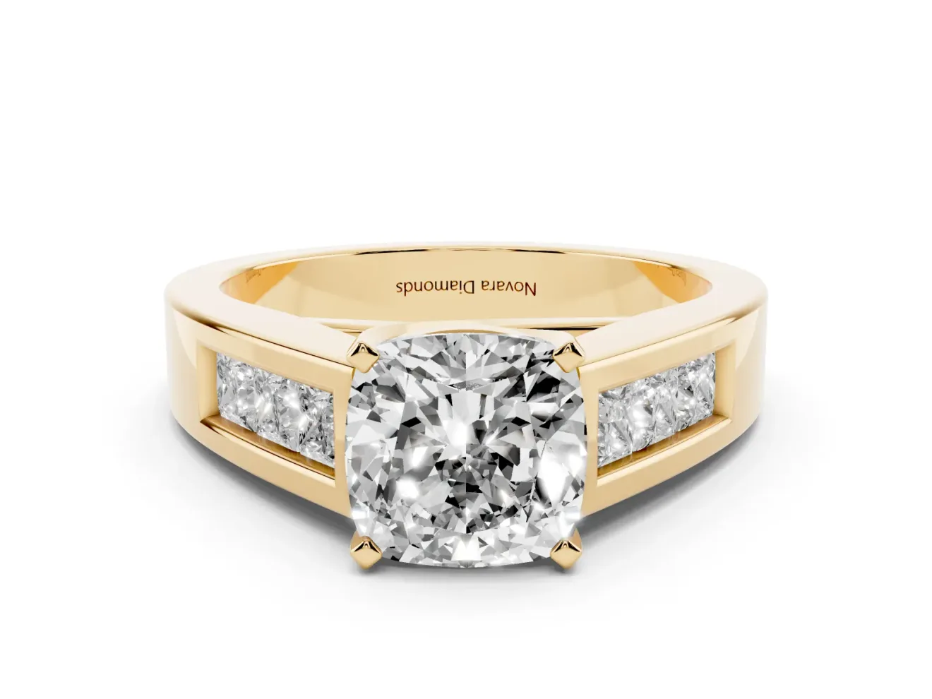 Cushion Cut Channel-Set Engagement Ring Setting | Princess Side Stones | Yellow Gold