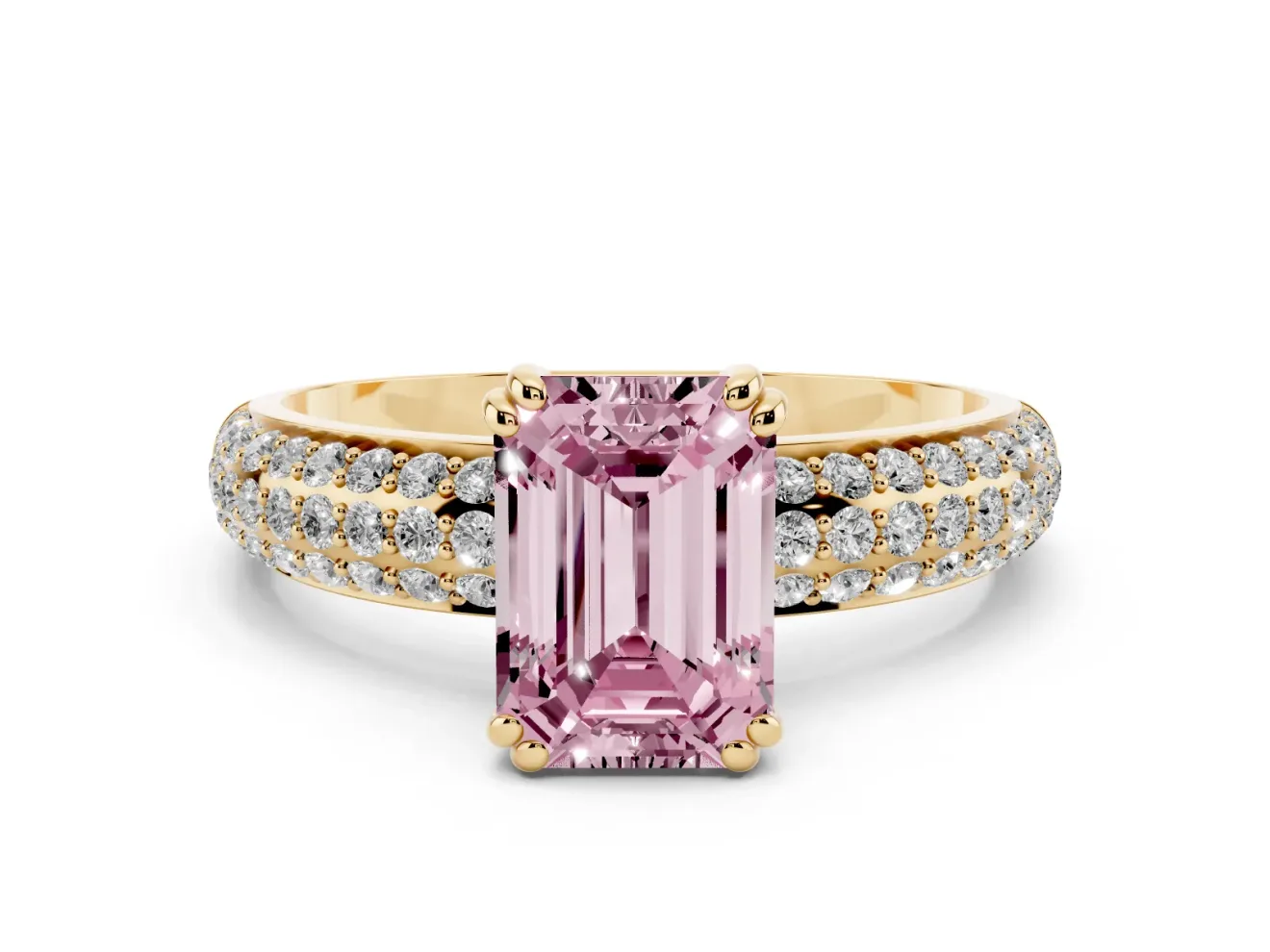 Emerald Cut Three Row Pave Engagement Ring Setting for a Fancy Pink Lab-Grown Diamond | Yellow Gold