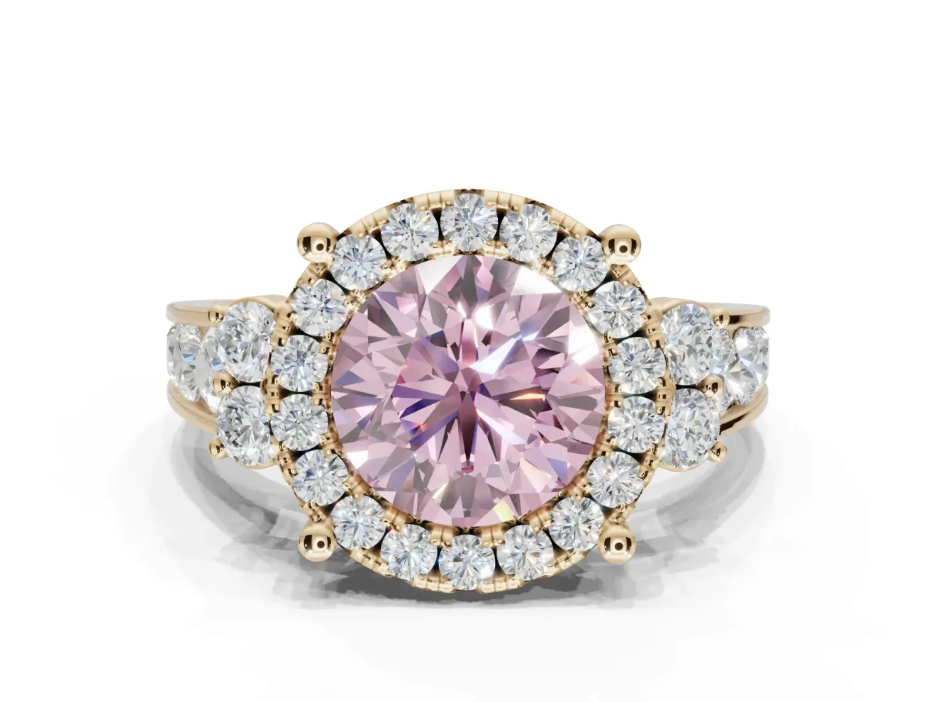 Round Halo Engagement Ring Setting for a Fancy Pink Lab-Grown Diamond | Side Clusters | Yellow Gold