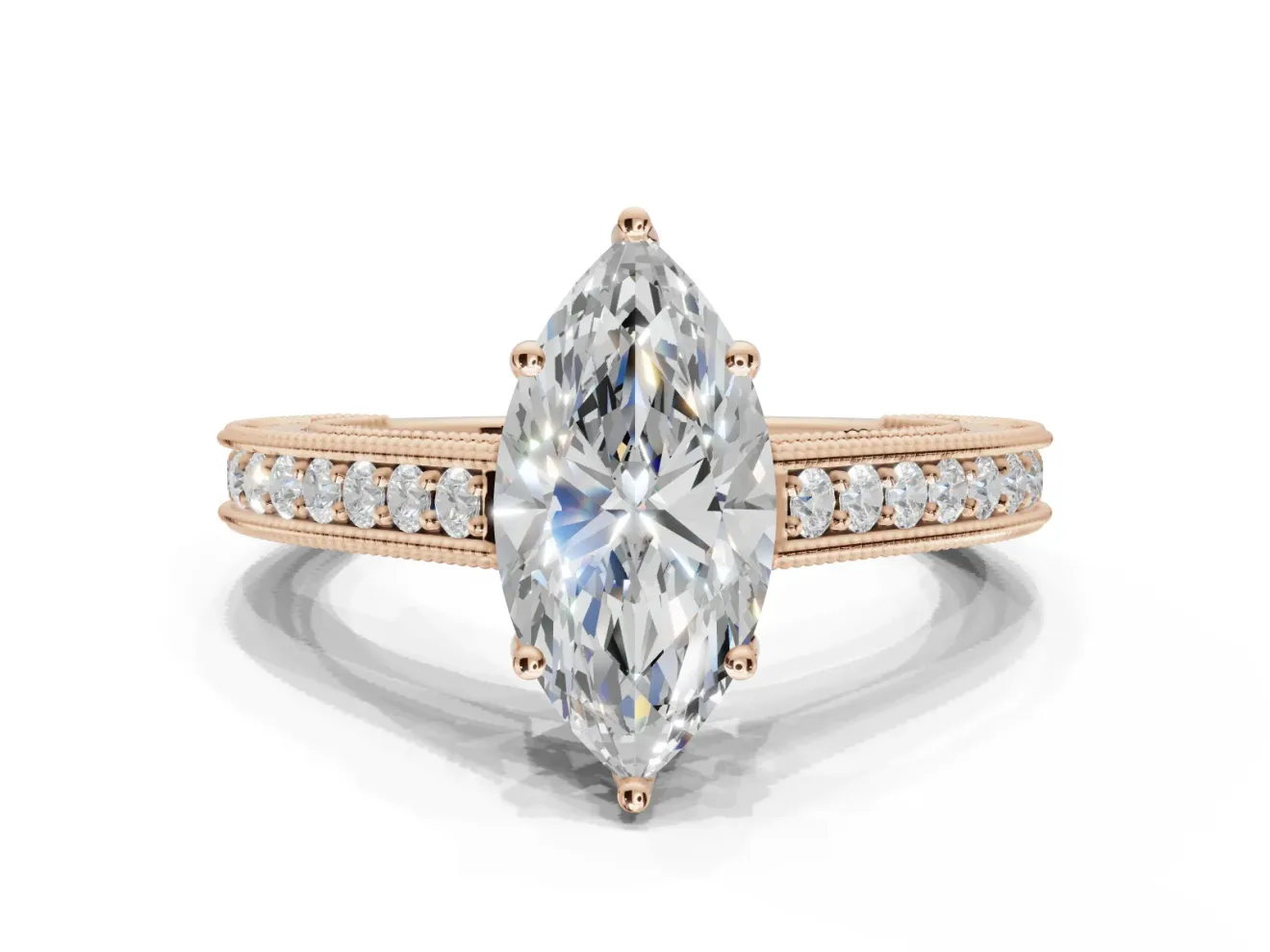 Marquise Vintage Engraved Pavé Engagement Ring Setting | Milgrain Edges | Rose Gold