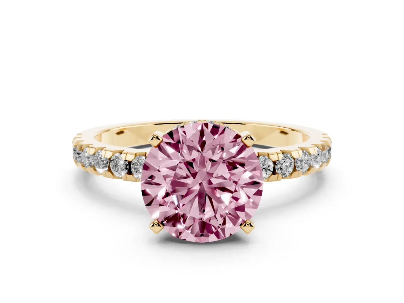 Round Hidden Halo Solitaire Engagement Ring Setting for a Fancy Pink Lab-Grown Diamond | Pave Band | Yellow Gold